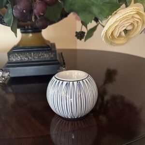 Blue and White Striped Ceramic Votive Holder
